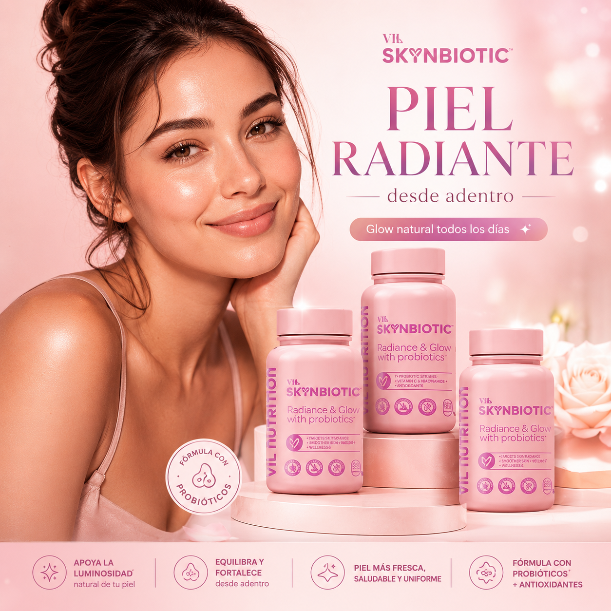 Vil SkynBiotic™ – El probiótico que ilumina tu piel desde adentro y reestablece el brillo de tu rostro